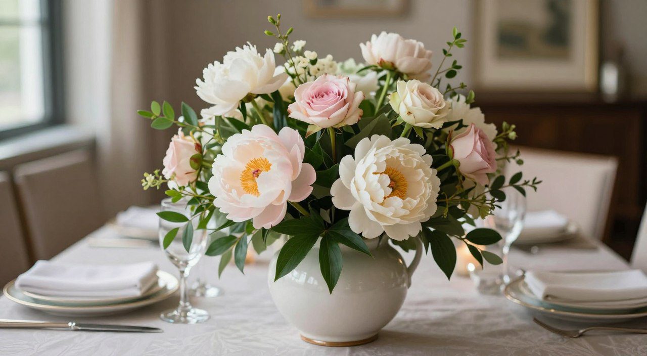 Arranjo de flores com rosas, peônias e folhagens em vaso decorativo sobre uma mesa elegante.