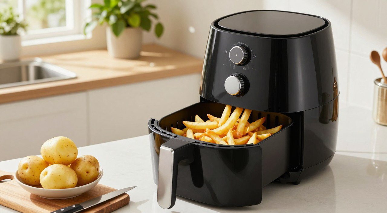 Air fryer com batatas douradas e pães sendo preparados, ilustrando erros comuns que podem comprometer o resultado.