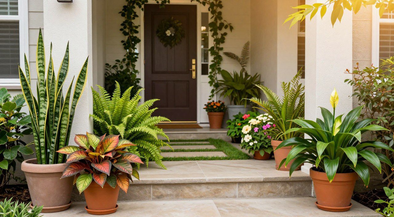 Entrada de uma casa decorada com plantas ornamentais em vasos, criando um ambiente acolhedor e elegante.