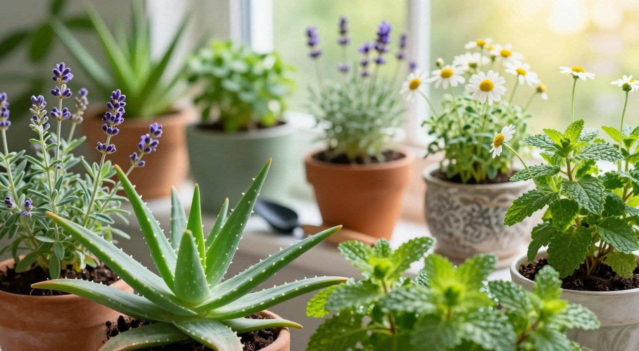Plantas medicinais cultivadas em casa, com babosa, lavanda, camomila e hortelã em vasos.