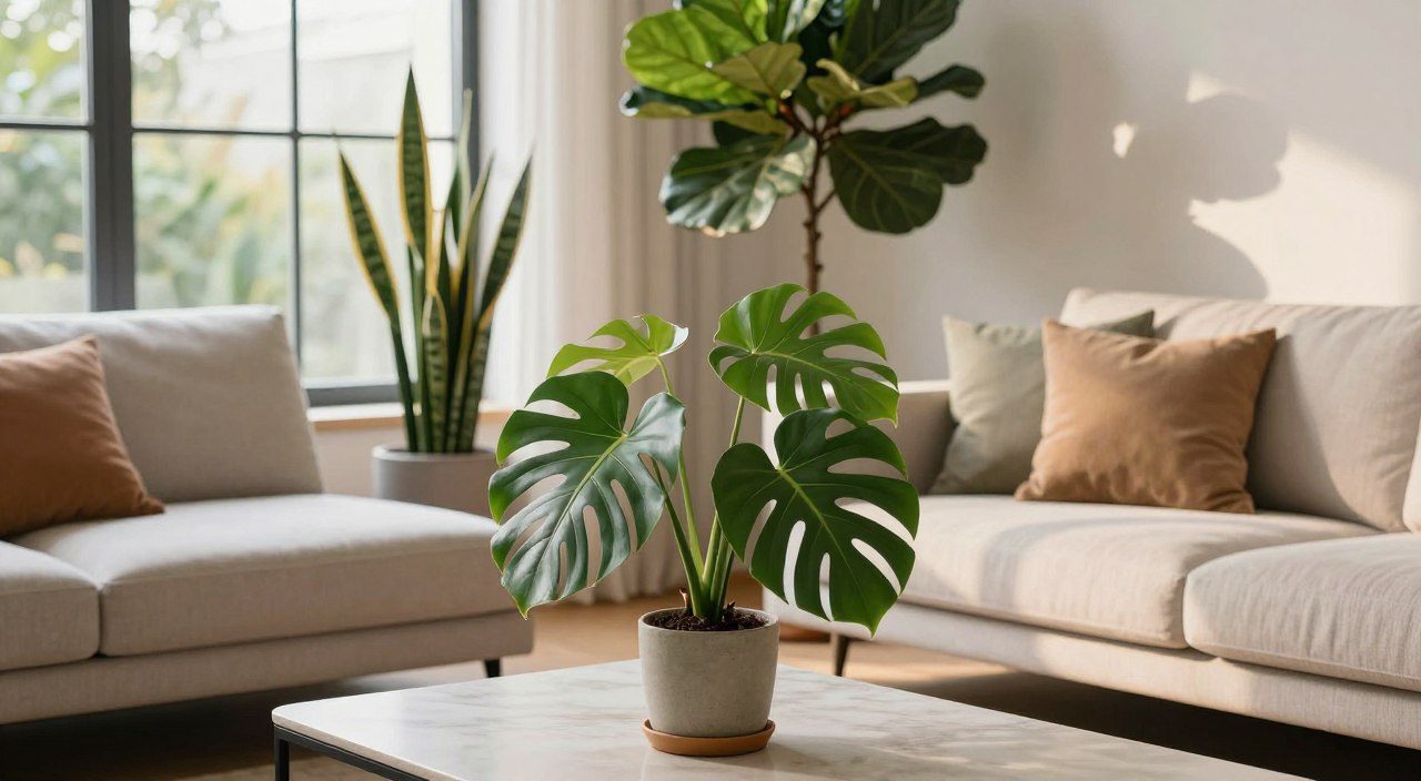 Plantas decorativas em sala de estar elegante com costela-de-adão, espada-de-são-jorge e ficus-lira.