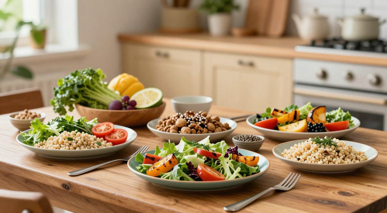 Refeições caseiras com saladas, vegetais, grãos integrais, frutas, sementes e outros ingredientes frescos sobre uma mesa.