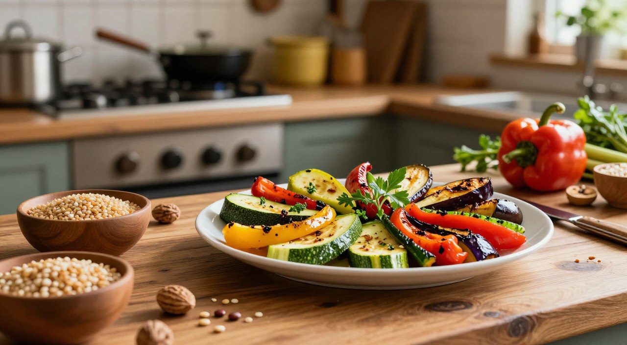 Comida vegetal vai muito além de folhas e saladas Prato com legumes assados, grãos, leguminosas, castanhas e ervas frescas, representando a variedade da alimentação vegetal.