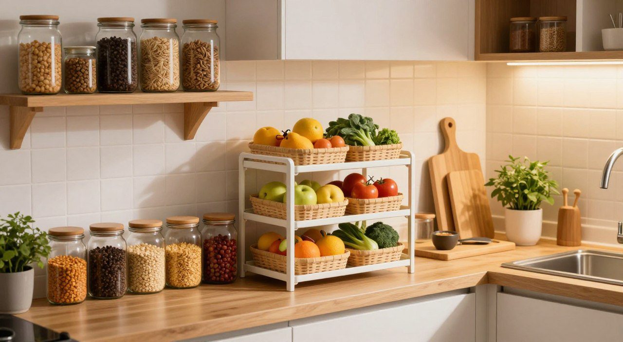 Como armazenar alimentos em uma cozinha pequena Cozinha pequena com grãos, temperos, frutas e vegetais organizados em potes, prateleiras e cestos para aproveitar melhor o espaço.