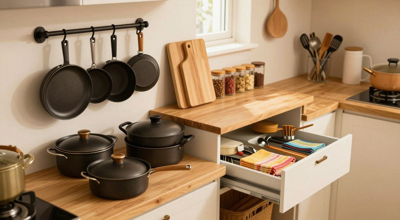 Como organizar panelas sem ocupar espaço demais Cozinha pequena com panelas, tampas e utensílios organizados em suportes e prateleiras para aproveitar melhor o espaço.
