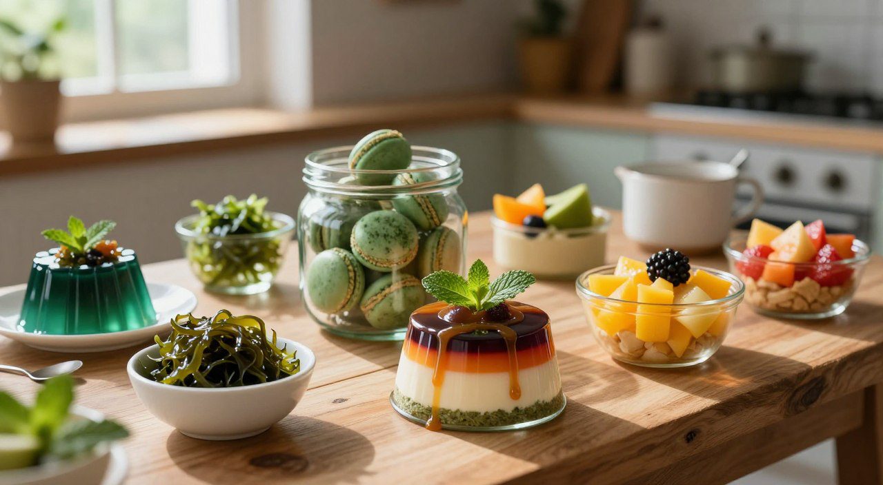 Sobremesas preparadas com macroalgas, incluindo mousse com frutas, geleia e doces acompanhados por algas comestíveis.