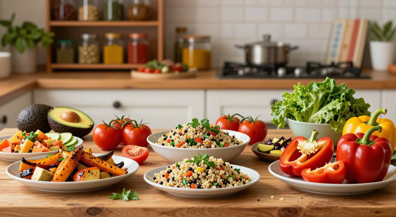 É preciso abandonar a carne para comer mais vegetais? Mesa com legumes assados, salada de quinoa, pimentões recheados, abacate e verduras, representando refeições com maior variedade de vegetais.