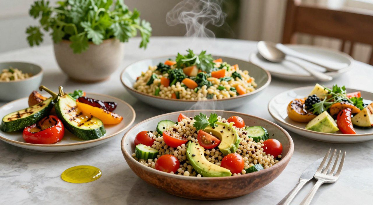 Mesa com salada de quinoa, vegetais grelhados e risoto de legumes, representando diferentes formas de incluir mais vegetais nas refeições.