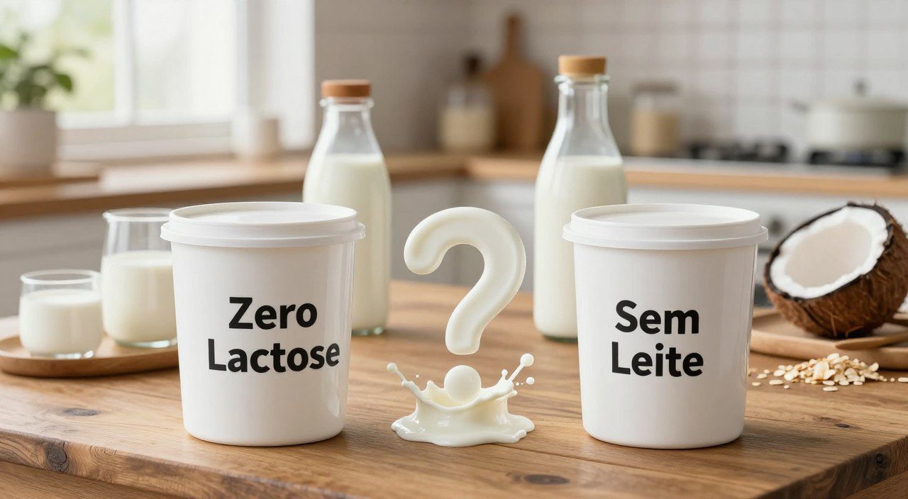 Embalagens de produtos sem lactose e sem leite ao lado de bebidas vegetais, representando a importância de verificar o rótulo.