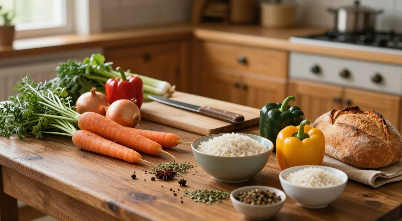 Ingredientes simples como arroz, pão, cenoura, cebola, pimentão, ervas e temperos organizados sobre uma mesa de cozinha.
