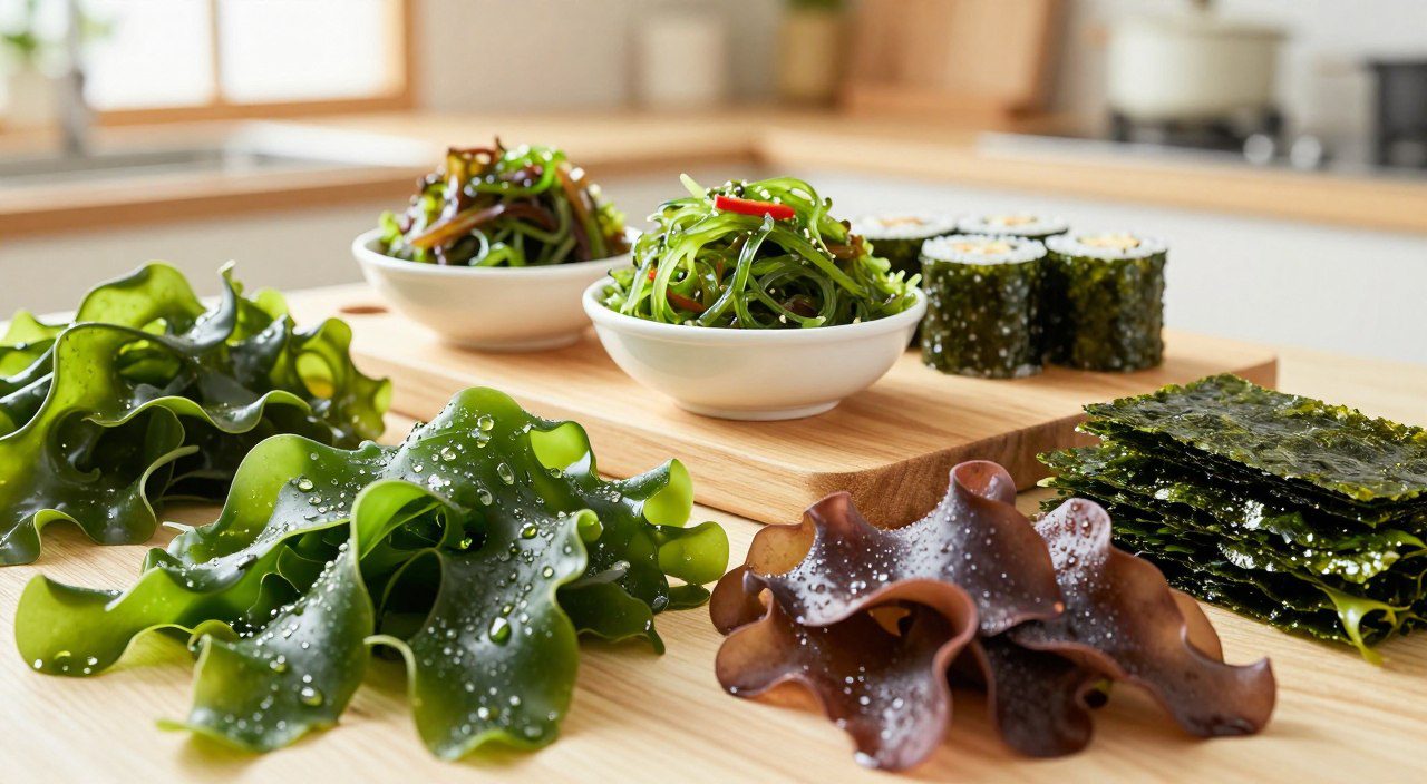 Macroalgas como nori, wakame e dulse organizadas ao lado de salada de algas e preparações culinárias.