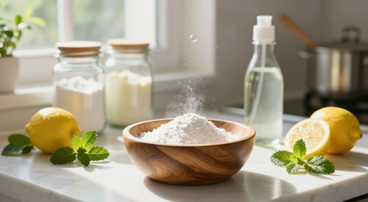 Bicarbonato de sódio e vinagre reagindo em uma tigela com formação de bolhas sobre uma bancada de cozinha.
