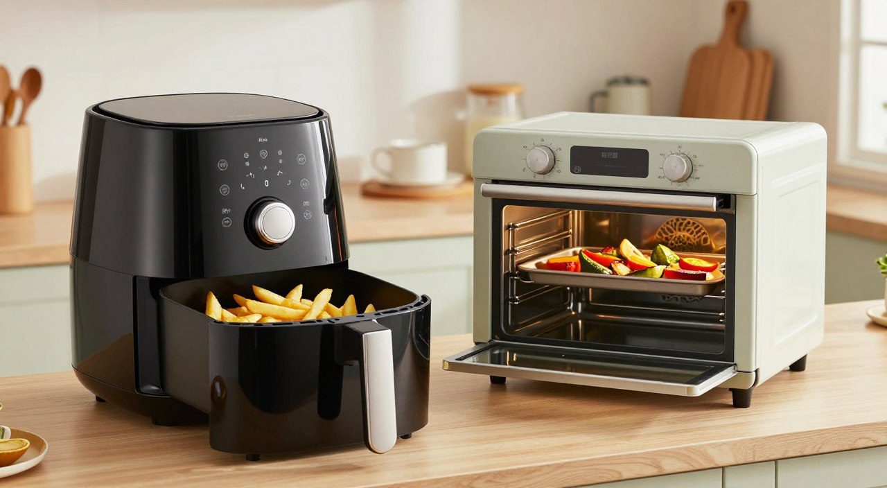 Air fryer e forno elétrico lado a lado preparando batatas e vegetais, representando diferentes opções para o preparo dos alimentos.