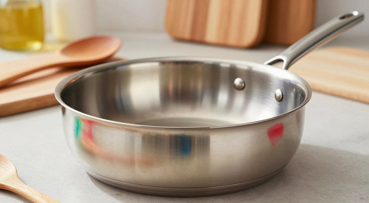 Panela de inox com manchas coloridas e alterações na superfície, representando marcas que podem surgir durante o uso.