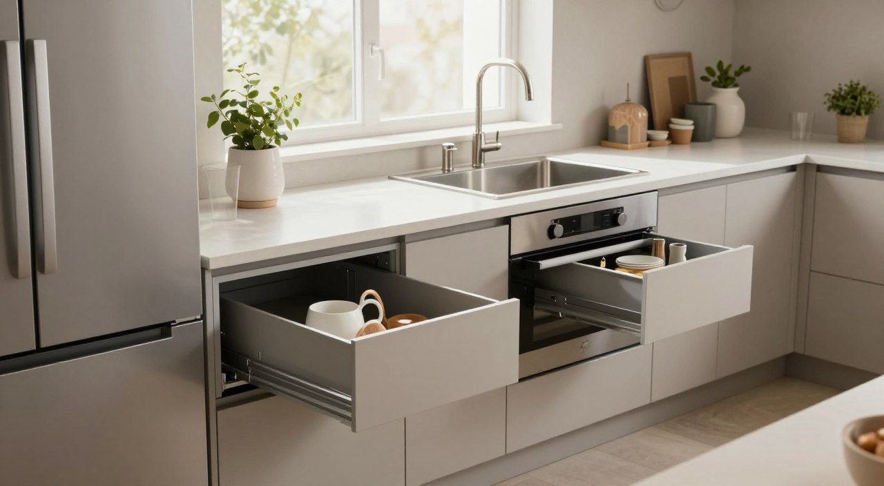 Cozinha organizada em tons neutros com bancada livre, poucos utensílios aparentes e eletrodomésticos integrados aos armários.