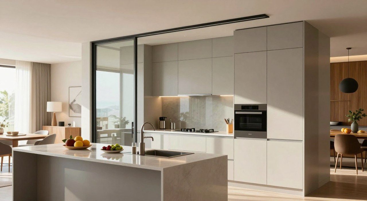 Cozinha semiaberta moderna com divisória de vidro, ilha central e integração visual com a sala de jantar.
