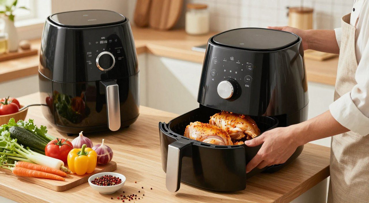 Como evitar alimentos ressecados na air fryer Frango temperado sendo colocado no cesto da air fryer ao lado de vegetais e temperos preparados para o cozimento.