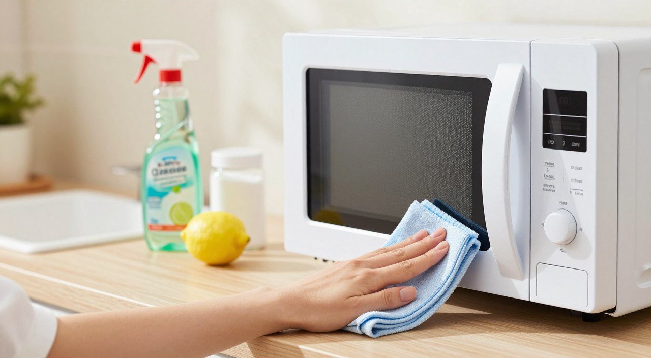 Como evitar que o cheiro de comida volte ao micro-ondas Pessoa limpando o interior do micro-ondas com um pano para ajudar a evitar o acúmulo de resíduos e odores de alimentos.