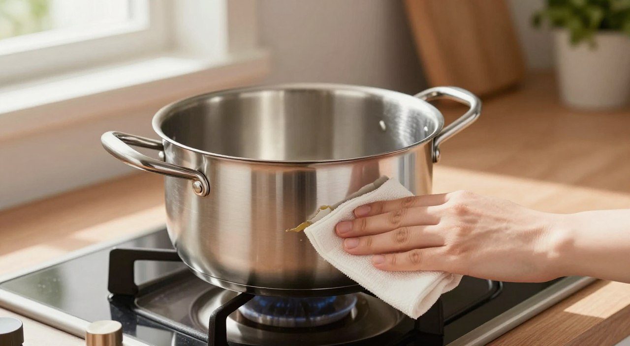 Como evitar que o fundo das panelas escureça novamente Fundo de panela de inox sendo cuidadosamente limpo com pano macio para ajudar a conservar sua superfície.