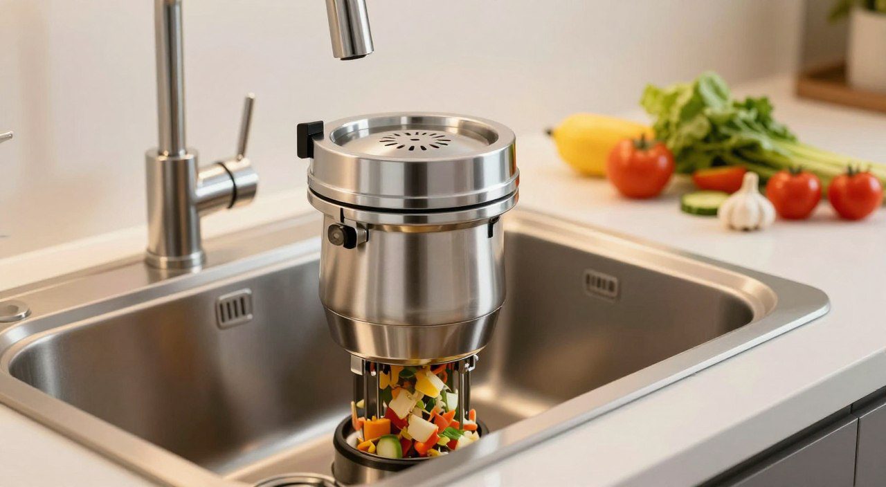 Como funciona o triturador de resíduos na pia? Pia de cozinha moderna com triturador de resíduos instalado abaixo do ralo para processar pequenos restos de alimentos.