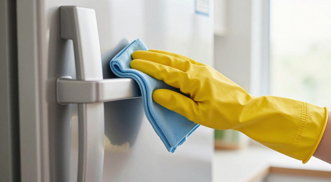 Como limpar a maçaneta da geladeira corretamente Pessoa usando luva e pano de microfibra para limpar a maçaneta de uma geladeira de aço inox.