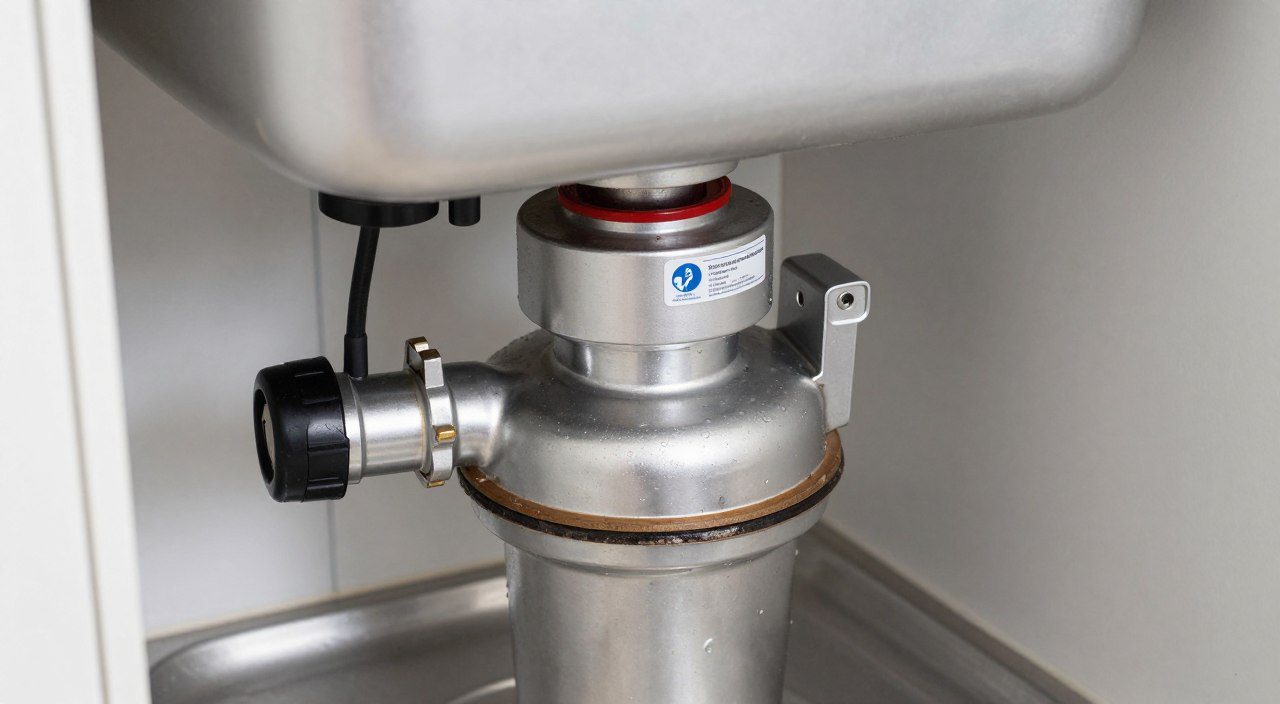 Como limpar e conservar o triturador de resíduos da pia Pessoa realizando a limpeza do triturador de resíduos instalado sob uma pia de cozinha de aço inox.