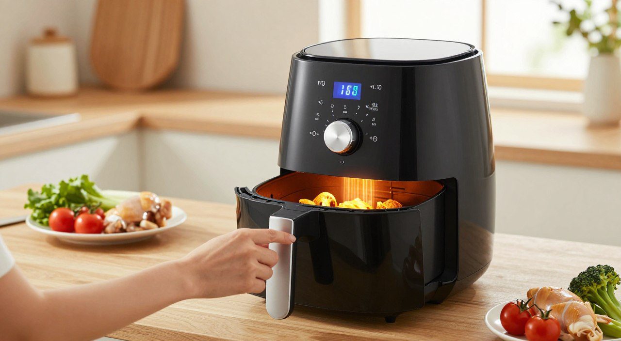 Air fryer sendo ajustada para o preaquecimento antes do preparo de vegetais e frango.