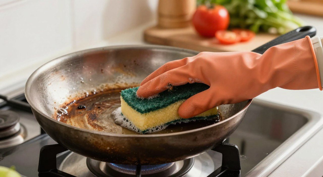 Panela com manchas de queimado sendo limpa cuidadosamente com esponja para remover resíduos sem danificar a superfície.