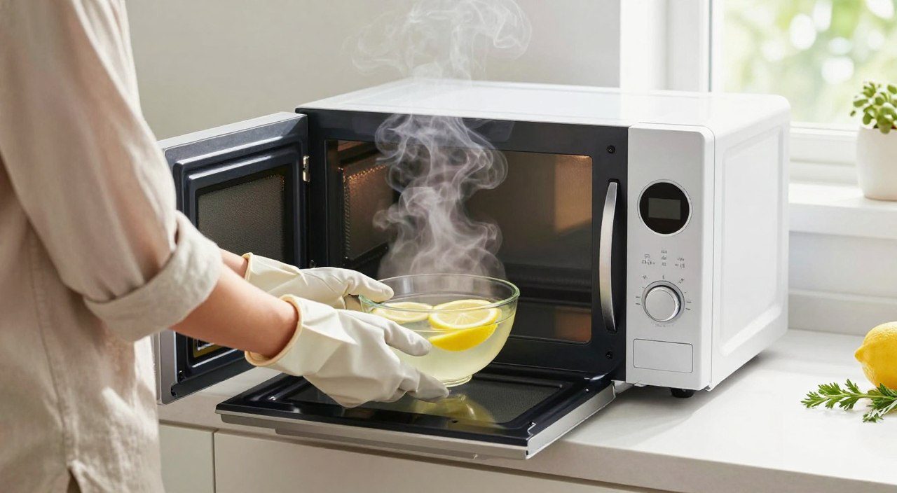 Como tirar cheiro de comida do micro-ondas Recipiente com água e limão dentro do micro-ondas em uma cozinha limpa, representando cuidados para reduzir odores de alimentos.