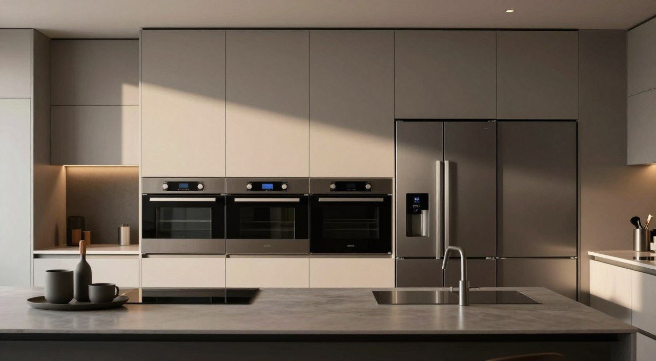 Cozinha moderna com forno, geladeira e lava-louças embutidos e integrados aos armários planejados.