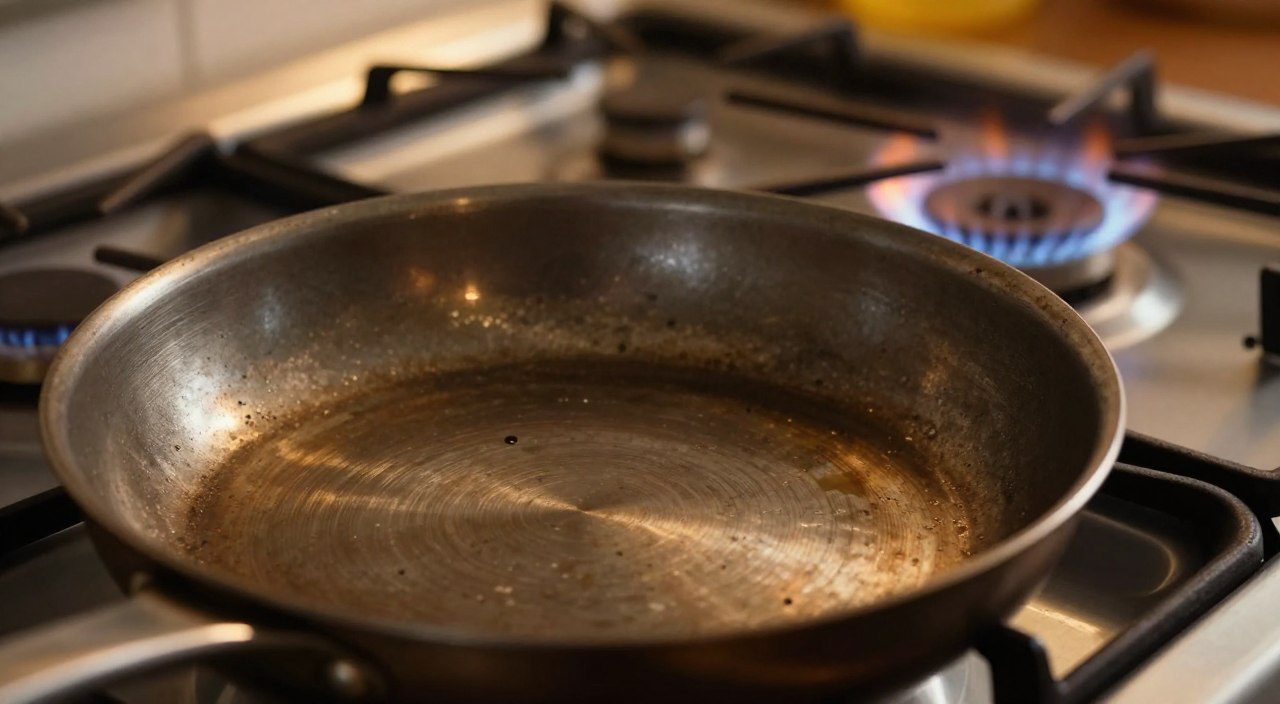 O material da panela influencia no escurecimento? Panela de aço inox com áreas escurecidas e marcas de uso sobre um fogão a gás.