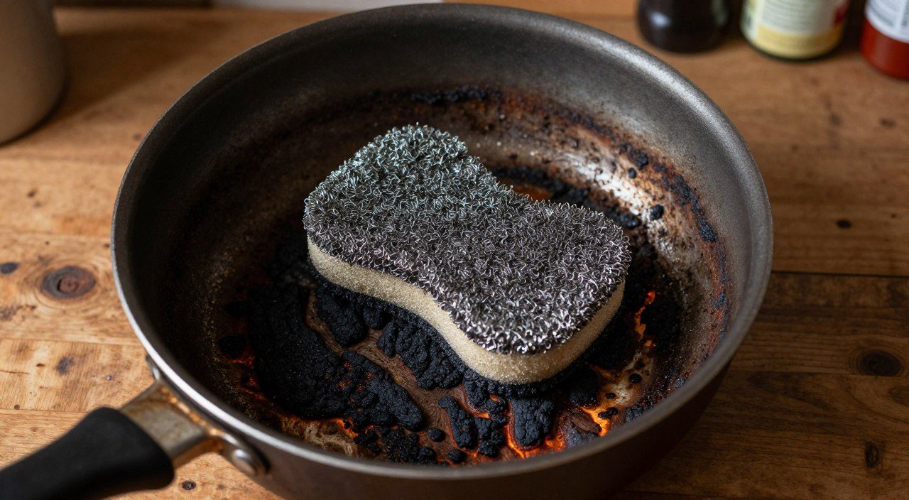 Panela com resíduos queimados e esponja de aço, representando cuidados para evitar danos durante a limpeza.