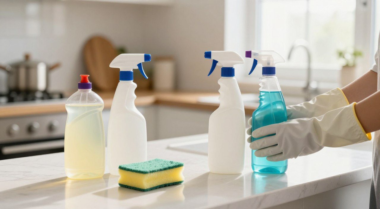 Produtos de limpeza separados sobre uma bancada e mãos protegidas por luvas, representando cuidados em caso de mistura acidental.