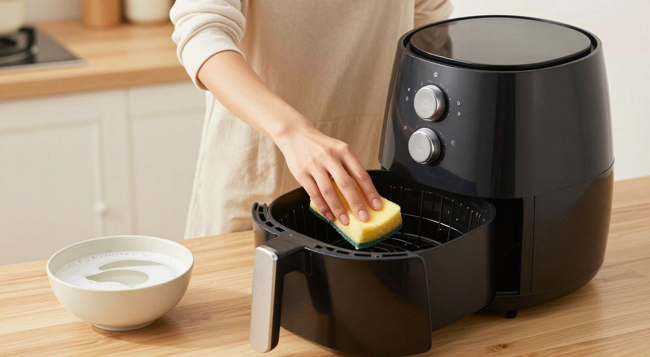 O que não usar para remover gordura da air fryer? Cesto da air fryer sendo limpo com esponja macia e água morna com detergente para remover resíduos de gordura.
