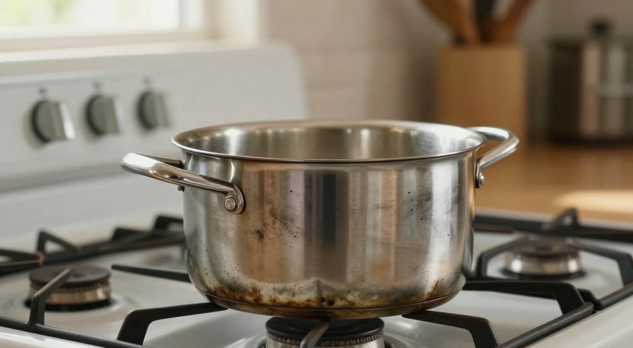 Panela de inox com manchas escuras sobre o fogão, representando marcas que podem surgir ou se intensificar durante o uso.