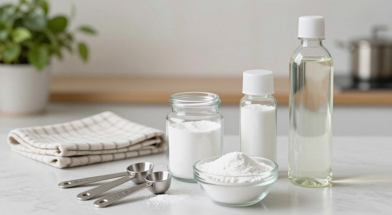 Bicarbonato de sódio e vinagre organizados sobre uma bancada, representando cuidados com o uso desses produtos em diferentes superfícies.