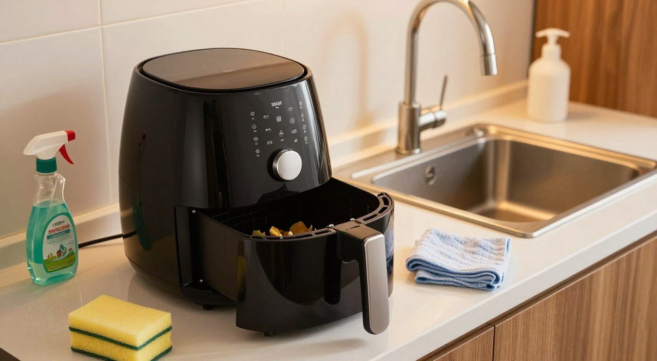 Pode lavar o cesto da air fryer logo depois de usar? Air fryer com o cesto parcialmente aberto ao lado de esponja, detergente e pano de microfibra para limpeza.