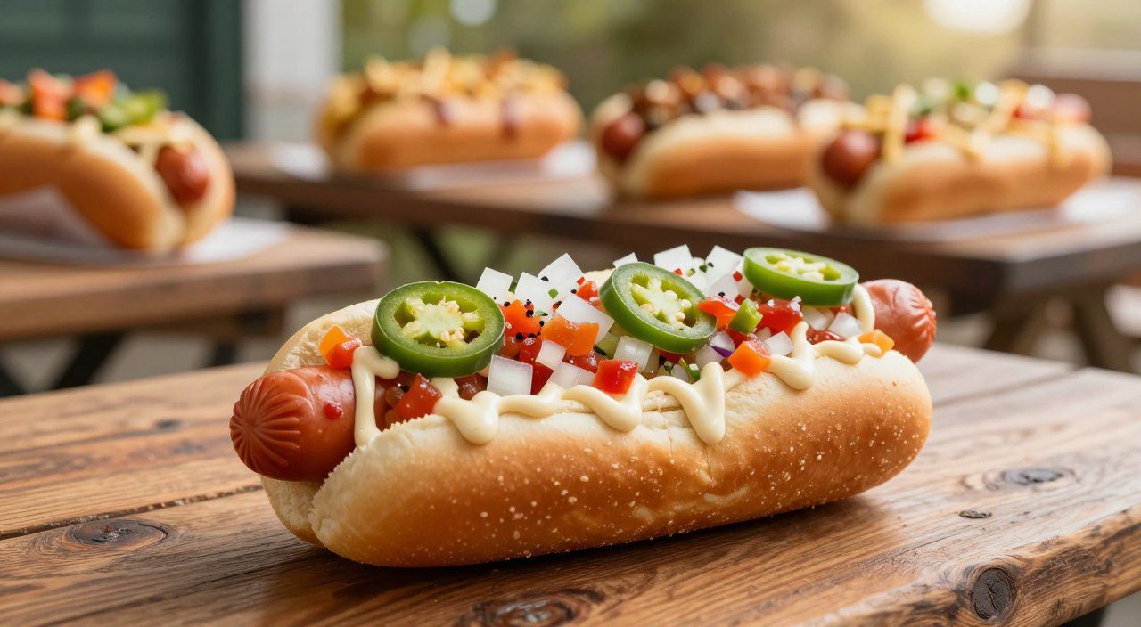 Cachorro-quente preparado com diferentes ingredientes e acompanhamentos, com outras versões variadas do lanche ao fundo.
