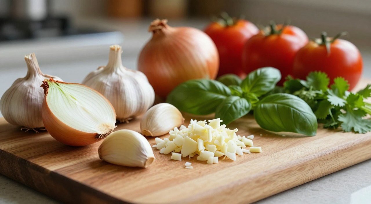 Quais alimentos costumam deixar cheiro mais forte? Tábua de madeira com alho, cebola, tomate e ervas frescas, representando alimentos que podem deixar odores após o corte.