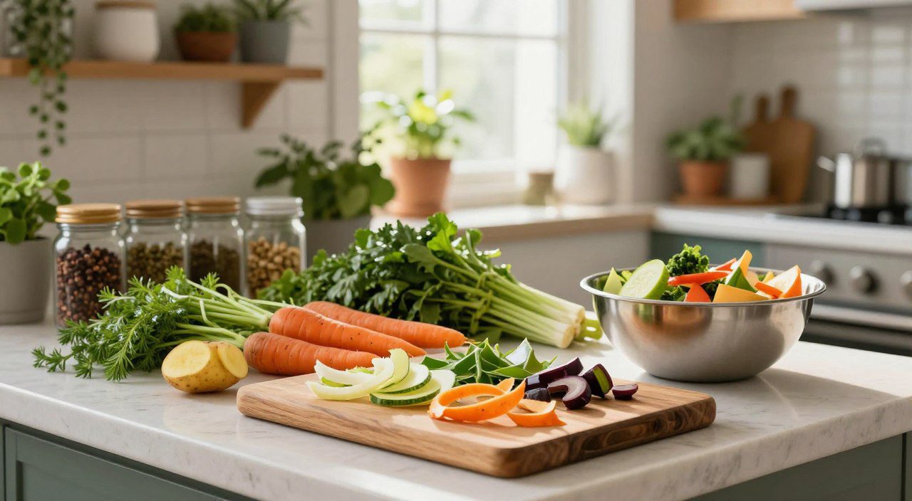 Quais cascas, talos e folhas podem ser aproveitados na cozinha? Cascas, talos e folhas de diferentes vegetais organizados sobre uma bancada de cozinha para serem aproveitados em preparações culinárias.