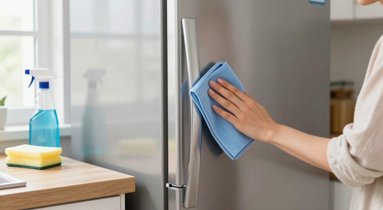 Quais outras partes externas da geladeira costumam ser esquecidas? Pessoa limpando a parte externa de uma geladeira de aço inox, incluindo puxador, bordas e superfície da porta.