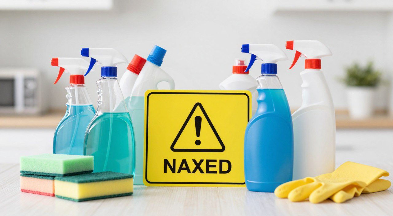 Diferentes produtos de limpeza mantidos separados, acompanhados por luvas e materiais de limpeza doméstica.