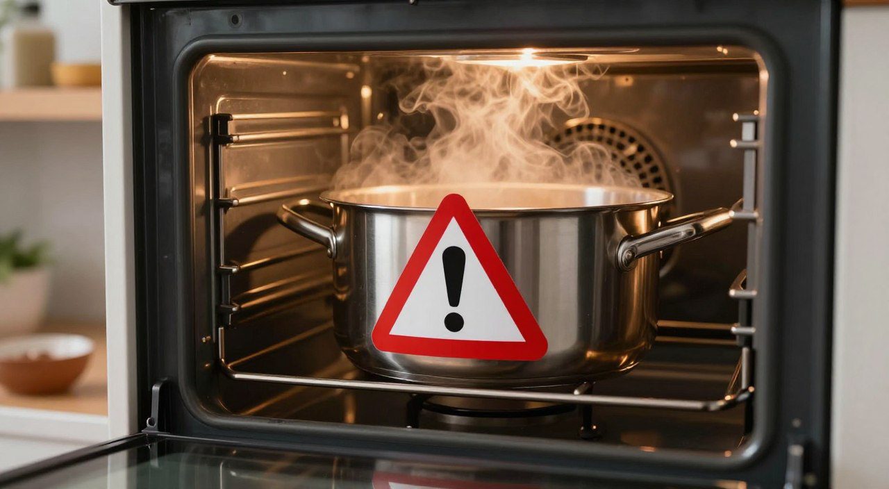 Panela de inox guardada dentro do forno, representando possíveis riscos e cuidados relacionados a esse hábito na cozinha.