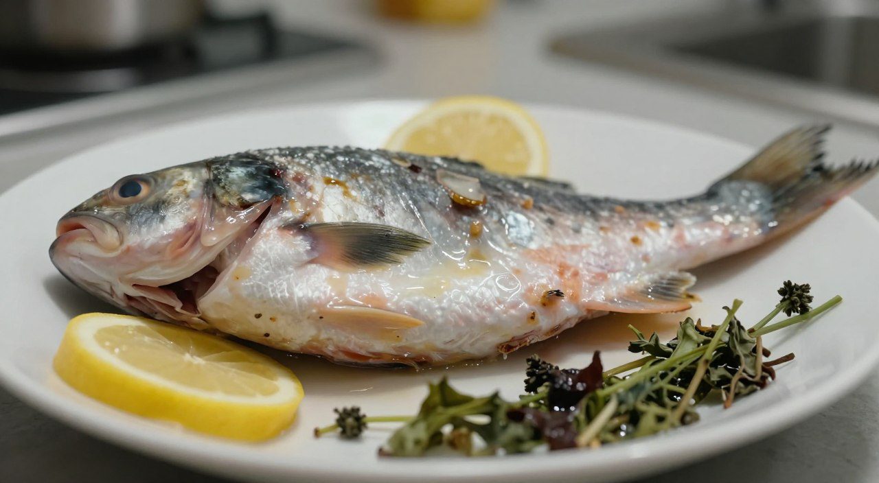 Peixe com alterações visíveis na aparência e na textura, representando possíveis sinais de deterioração do alimento.