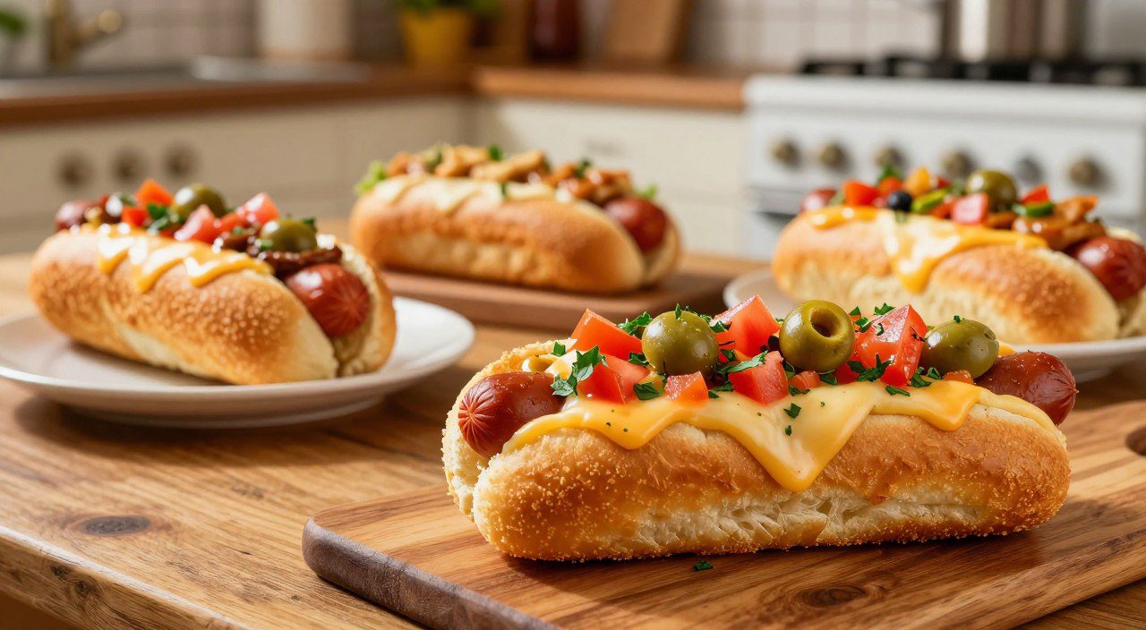 Cachorro-quente de forno e diferentes versões do lanche com variados recheios e acompanhamentos sobre uma mesa.