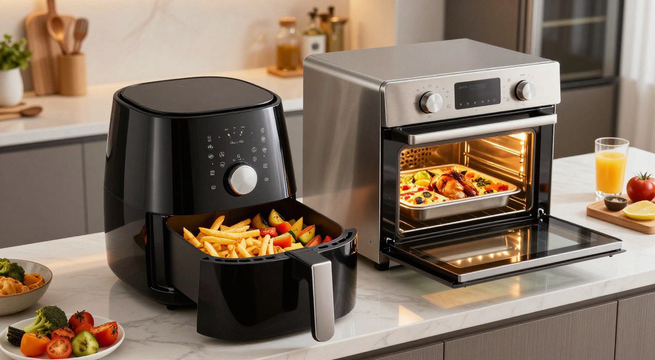 Air fryer e forno elétrico lado a lado preparando diferentes alimentos, representando a comparação do tempo de preparo.