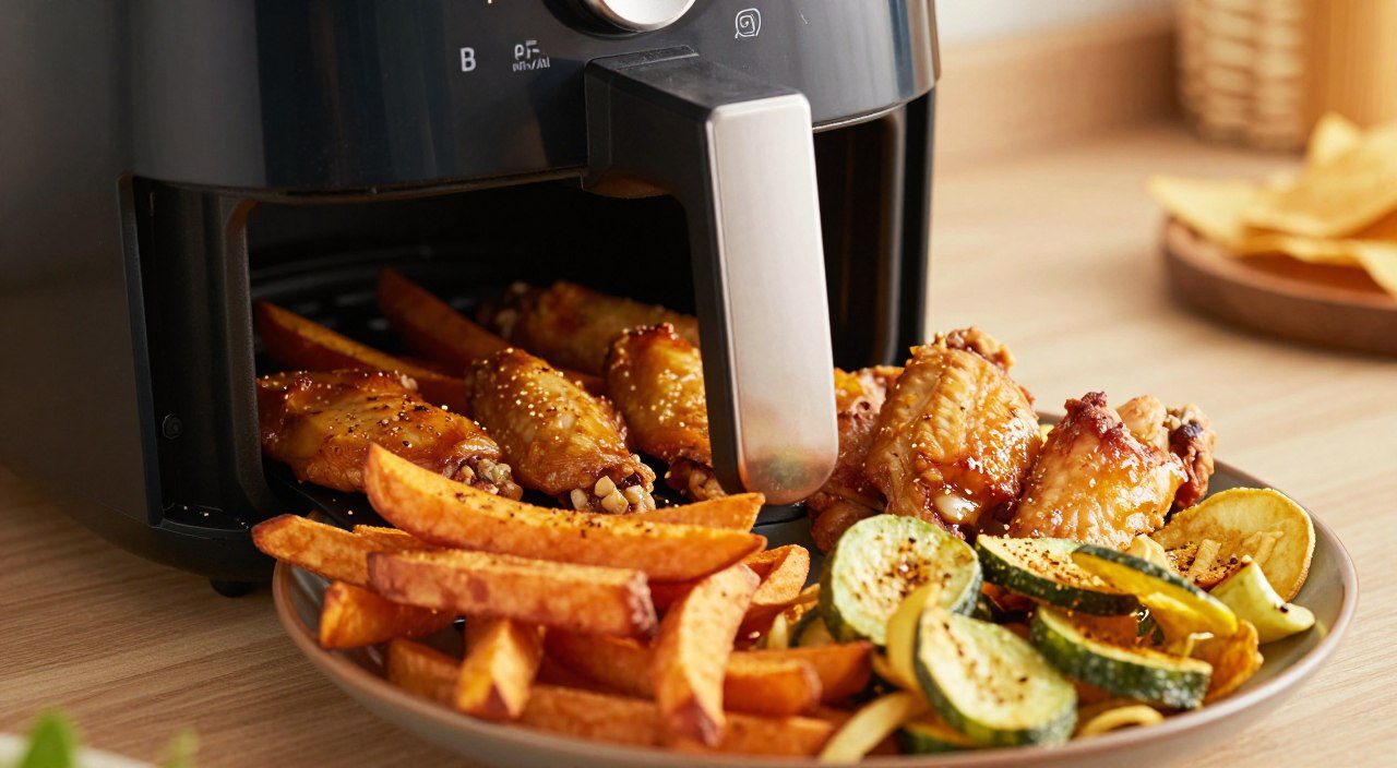 Batatas, asas de frango e vegetais dourados e crocantes preparados na air fryer.