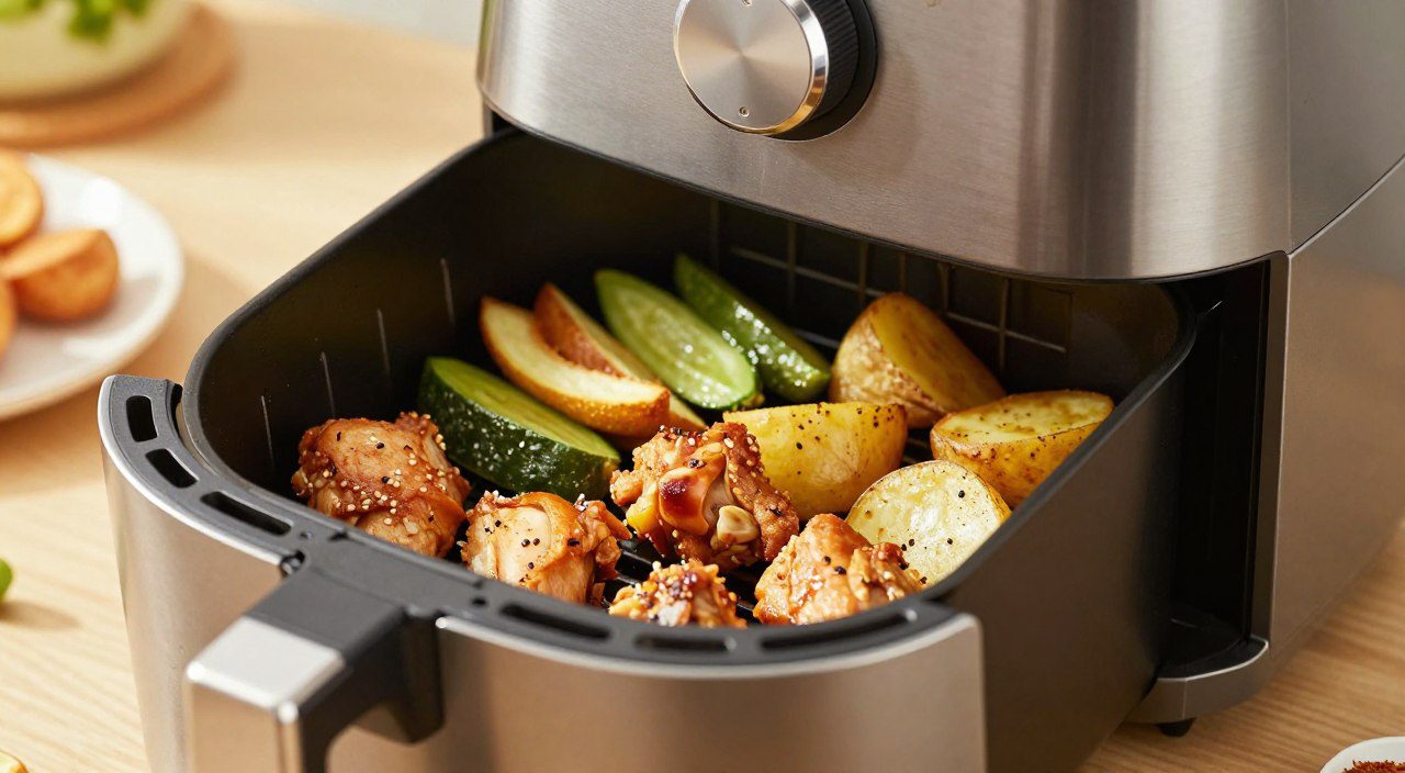 Quantidade de alimento no cesto influencia no resultado? Cesto de air fryer com frango, batatas e vegetais, representando a influência da quantidade de alimentos no preparo.