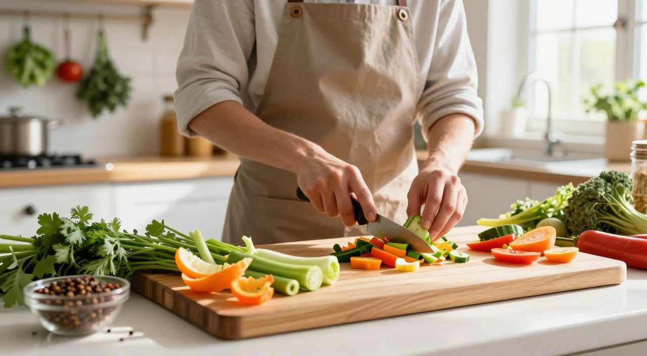Reaproveitar alimentos realmente ajuda a reduzir o desperdício? Cascas, talos e folhas de vegetais sendo aproveitados durante o preparo de alimentos em uma cozinha.