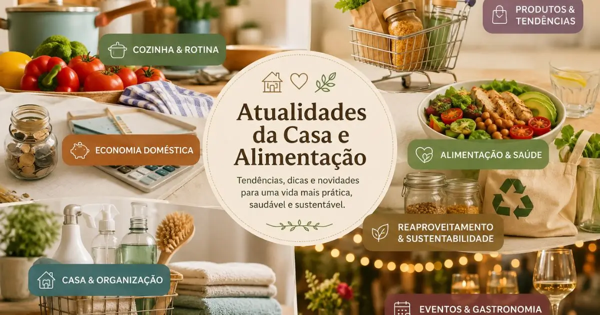 Imagem sobre atualidades da casa e alimentação com cozinha organizada, alimentos saudáveis, economia doméstica e sustentabilidade.